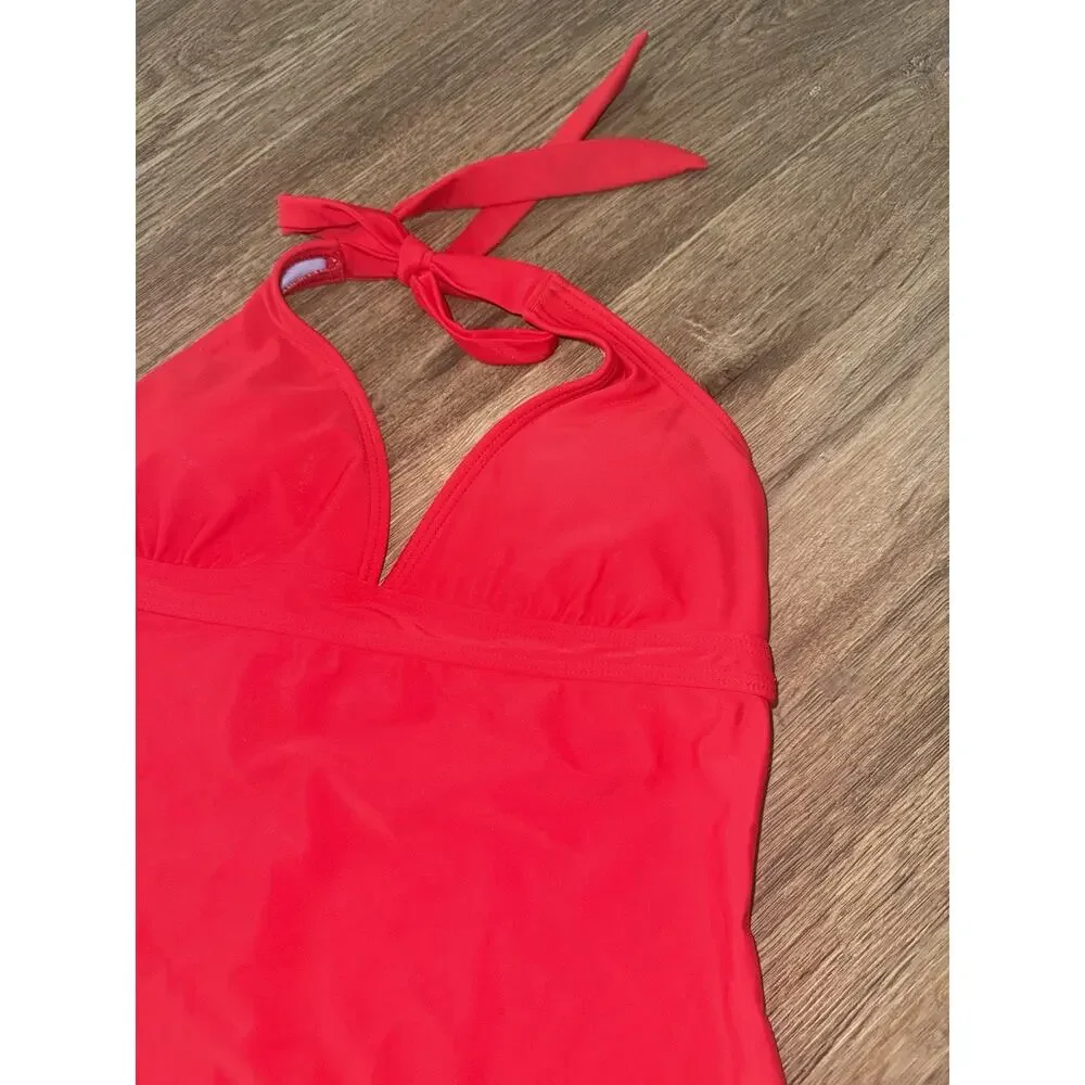 prAna Womens Red Halter Tankini Swim Top Size XS V-Neck Back Hook Tie Neck